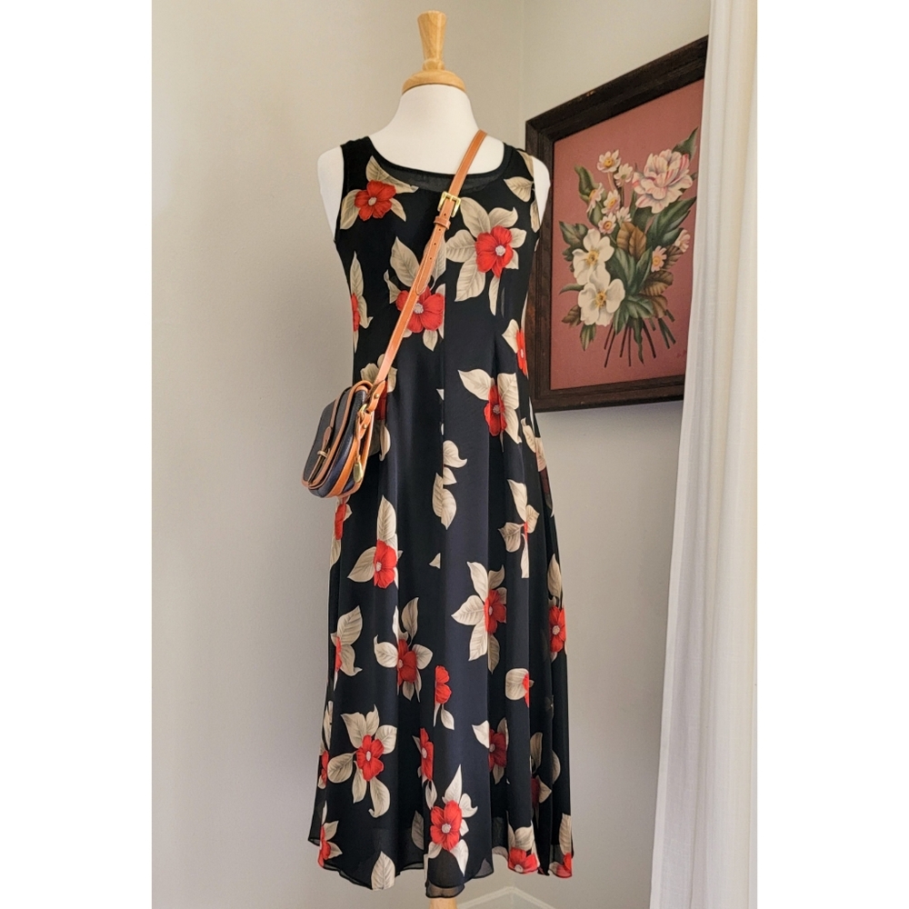 90s Black Floral Silk Scoop Neck 1990s Vintage Fully Lined Sleeveless Midi Dress - Picture 13 of 14
